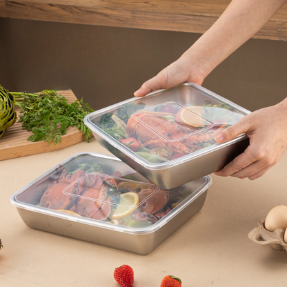 Japanese stainless steel 304 food storage trays with lids (25x19,5x5cm)