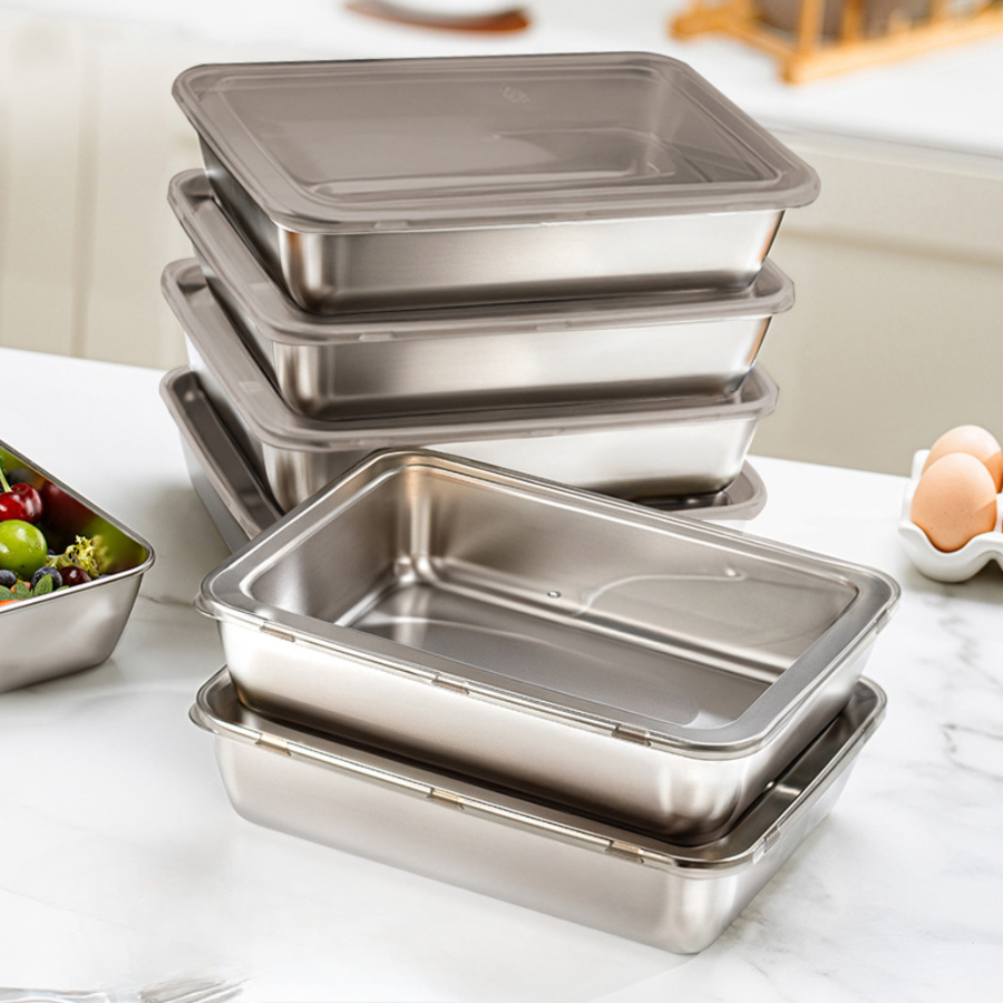 Japanese stainless steel 304 food storage trays with lids (25x19,5x5cm)