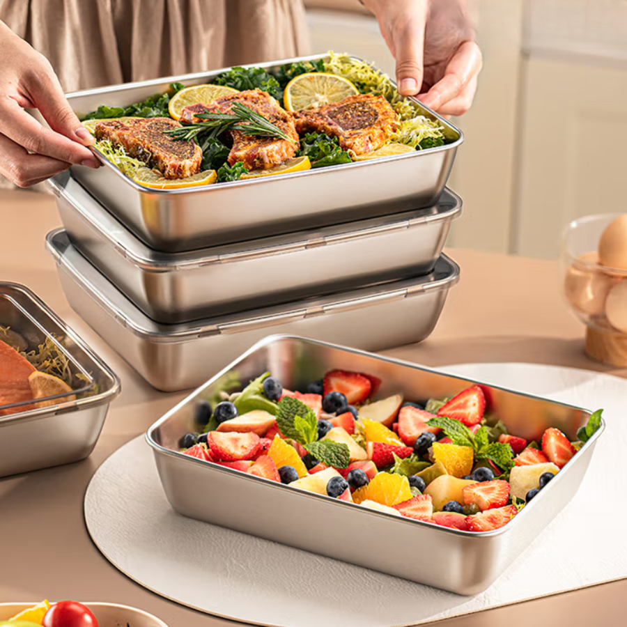 Japanese stainless steel 304 food storage trays with lids (25x19,5x5cm)