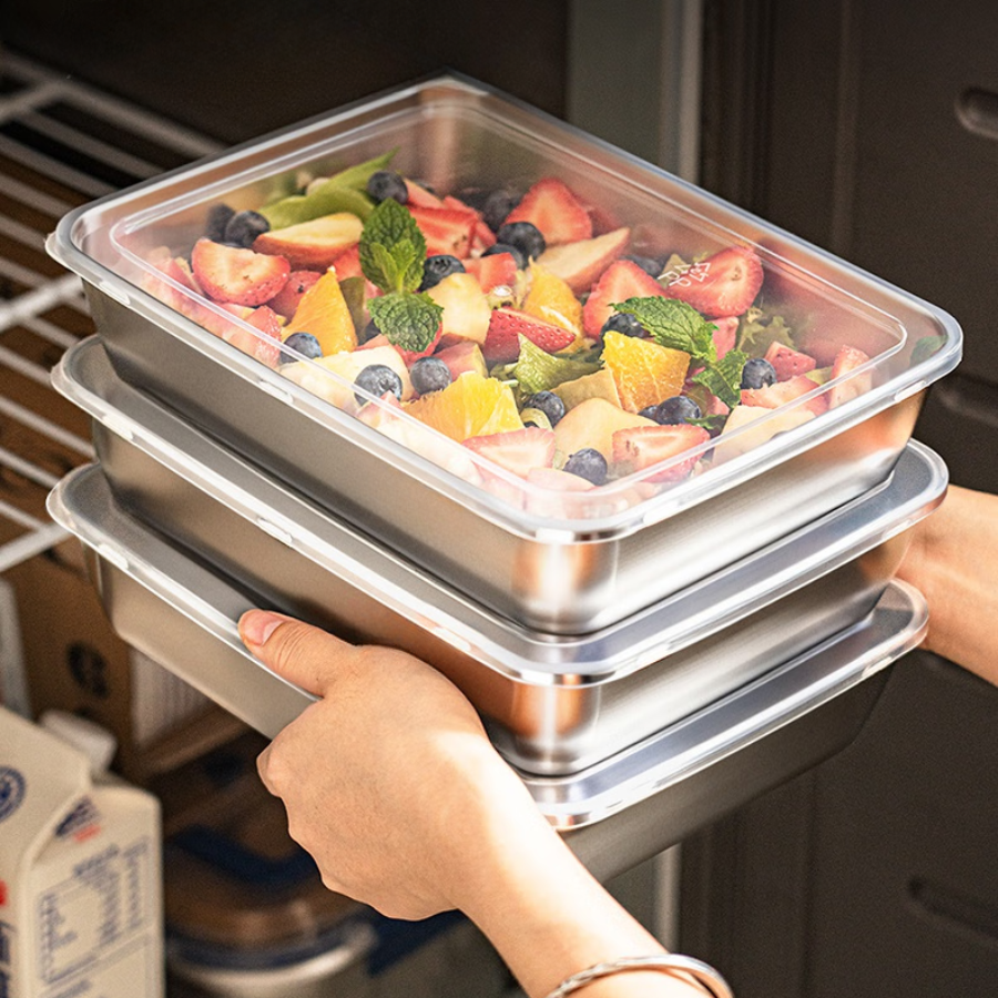 Japanese stainless steel 304 food storage trays with lids (25x19,5x5cm)